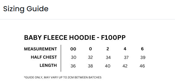 Baby hoodie sizing guide — F100PP
