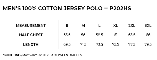 Men's polo sizing guide — P202HS