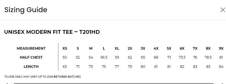 Men's sizing guide — Unisex Modern Fit Tee T201HD
