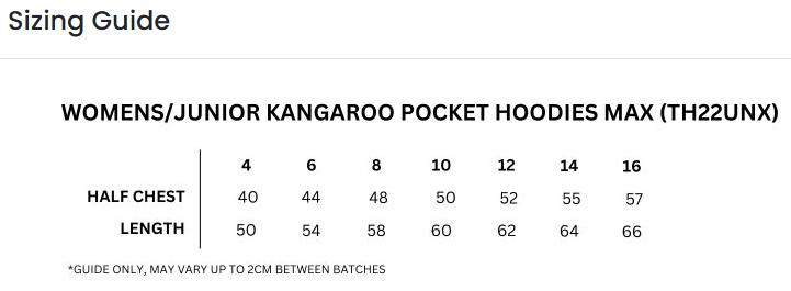 Women's junior hoodie sizing guide — TH22UNX
