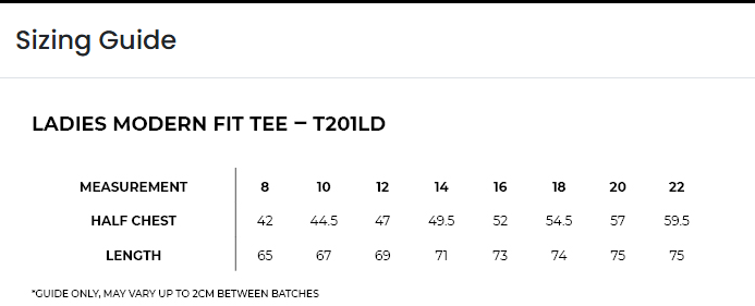 Women's sizing guide — Ladies Modern Fit Tee T201LD
